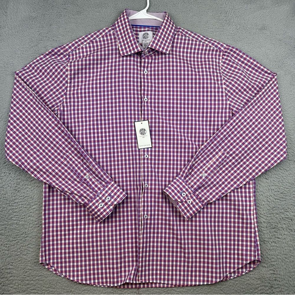 Society Of Threads Shirt Mens Extra Large Pink‎ Purple Plaid Button Up Business